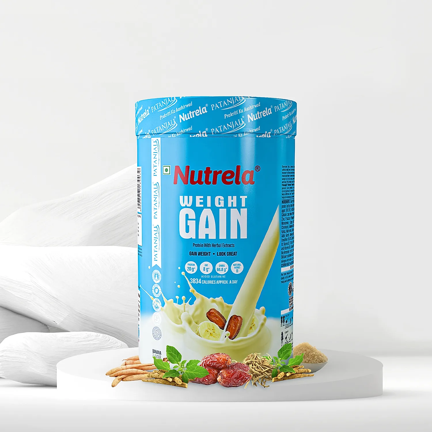 Nutrela Weight Gainer - 500g | Mass Gainer With 36 Essential Vitamins, Minerals And Herbs | 20g Protein, 66.8 Carbs & 3834gm Calories | Ideal For Athlete, Men, Women & Kids - Banana Flavour